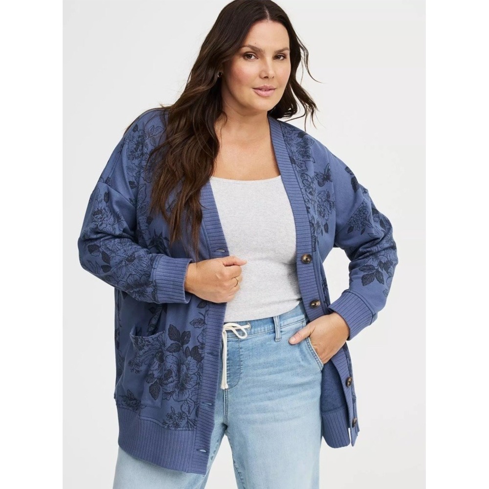 Torrid French Terry Boyfriend Cardigan Stamped Floral Navy Sz O Large 12